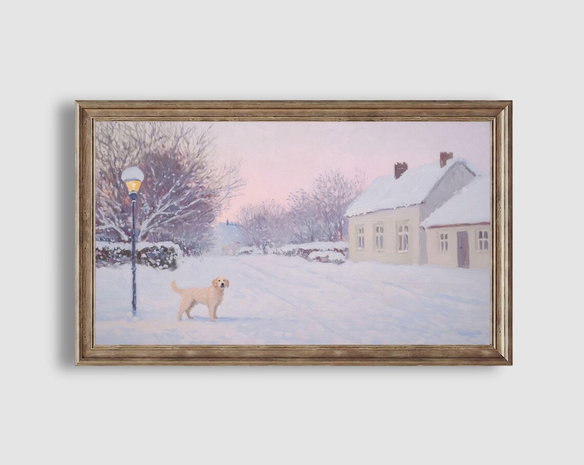 Golden Retriever Puppy in Snowy Village Street Winter Lamp Light Art Poster - Image 2