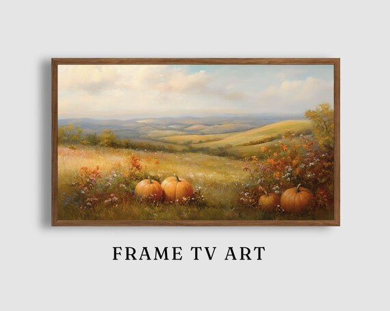 Autumn Pumpkin Field Overlooking Rolling Hills and Wildflower Meadow Poster