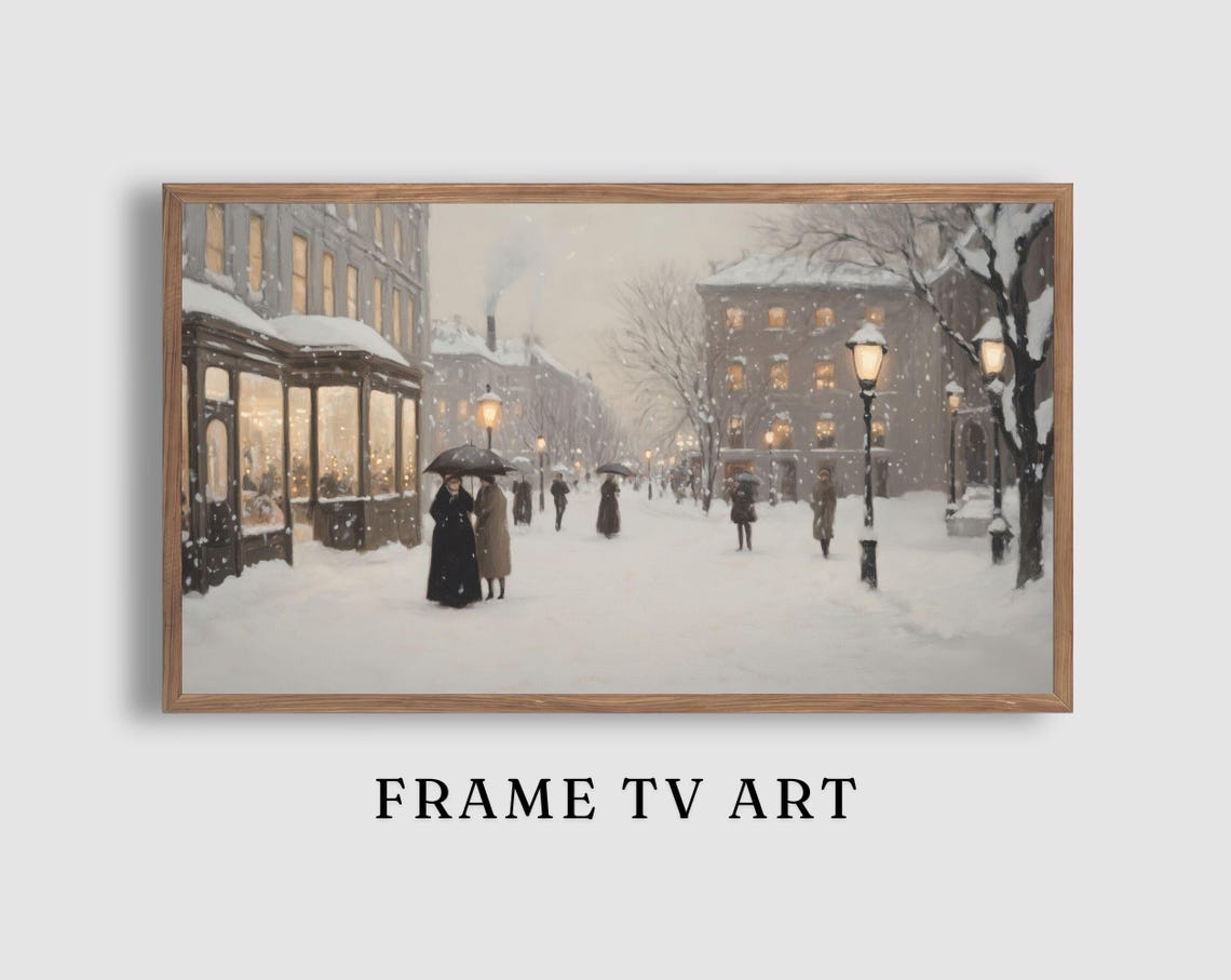 Snowy City Street Shopfront Windows Evening Winter Scene Poster
