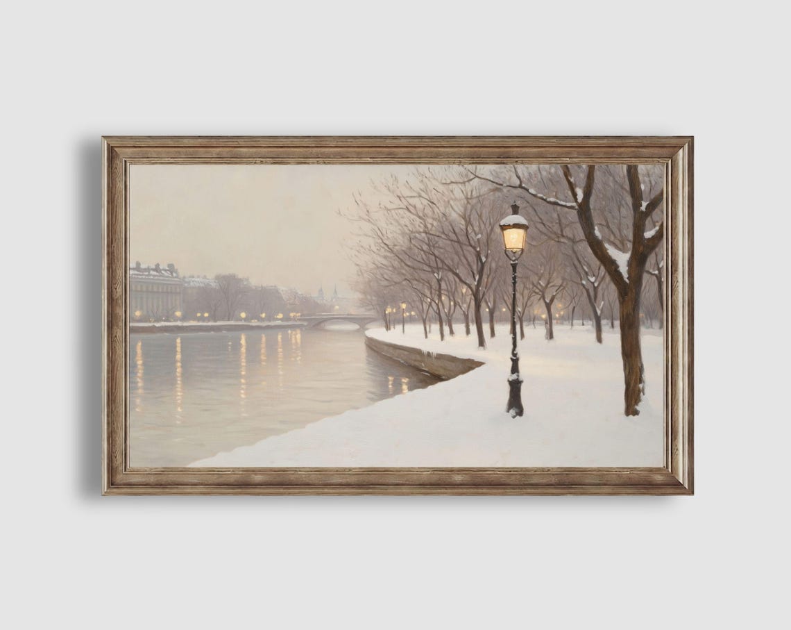 Snowy Riverside Pathway Lamppost River Lights Winter Evening Poster - Image 2