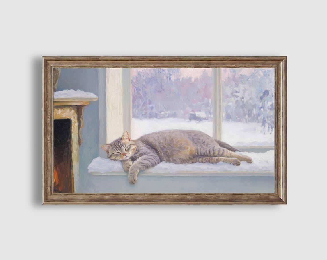 Sleeping Grey Tabby Cat on a Snowy Windowsill by the Fireplace Painting Poster - Image 2