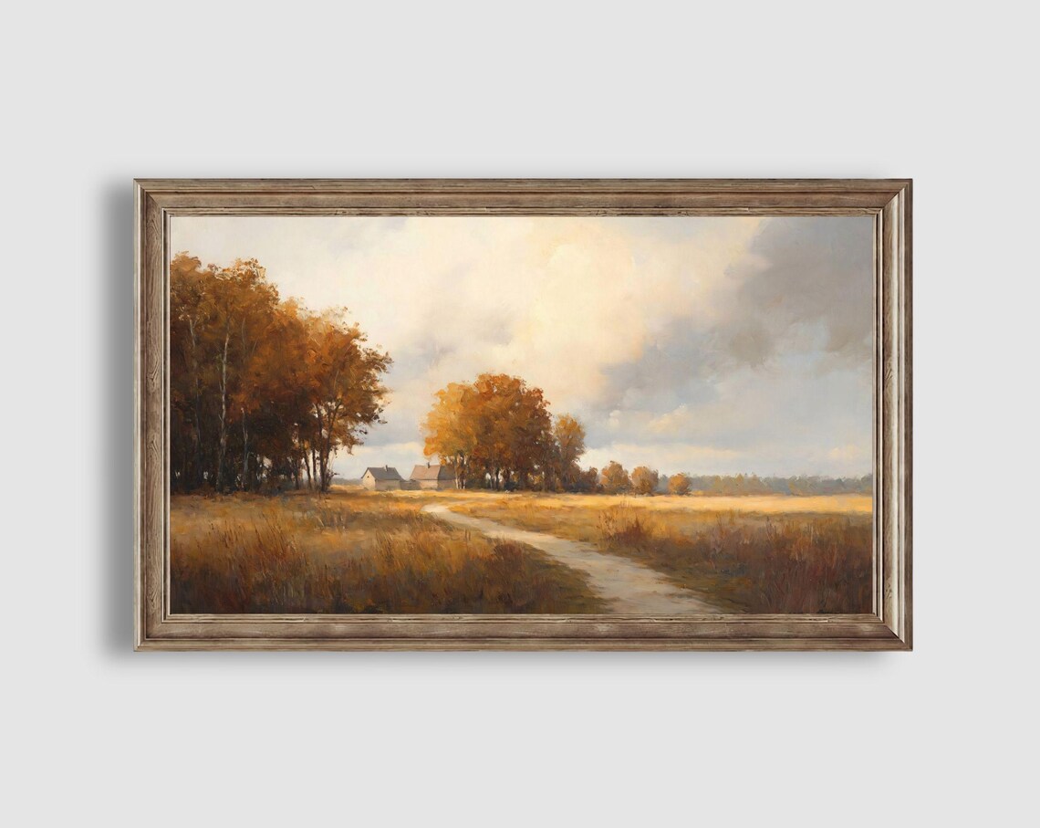 Golden Autumn Field Country Road Leading to Distant Farmhouse Poster - Image 2