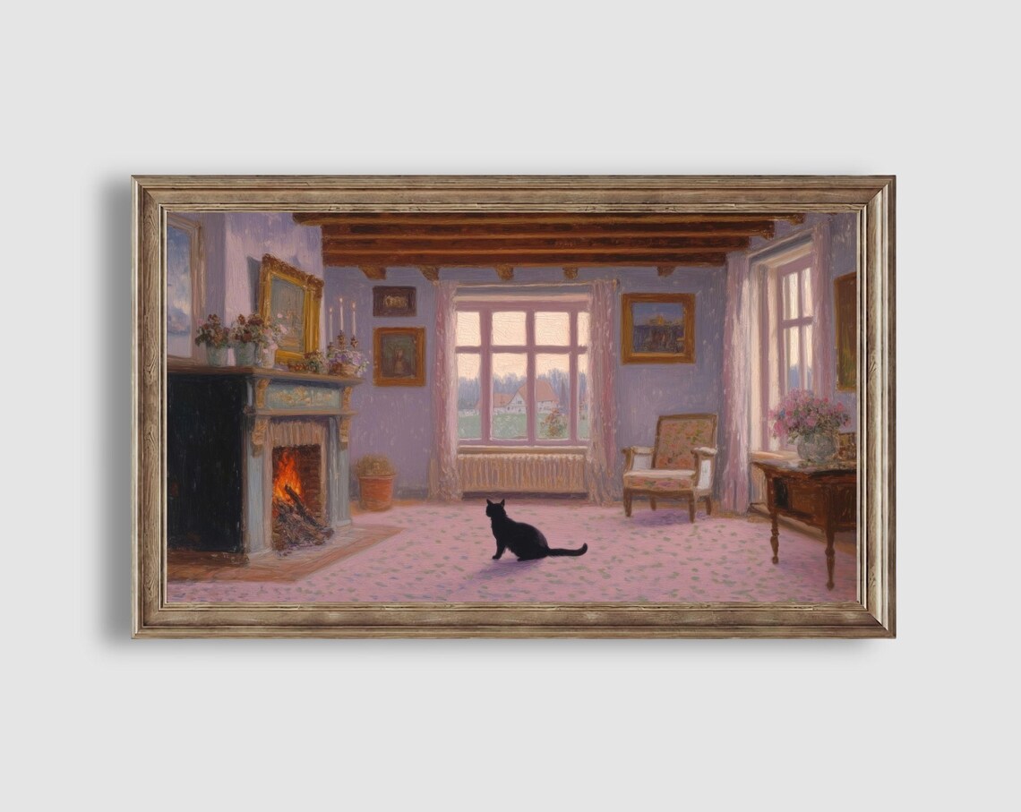 Black Cat in an Elegant Room with Fireplace and Snowy Winter Windows Poster - Image 2