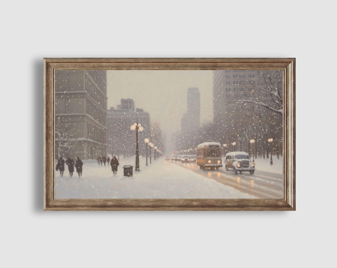 Vintage Snowy City Avenue Bus Traffic Winter Urban Scene Poster - Image 2