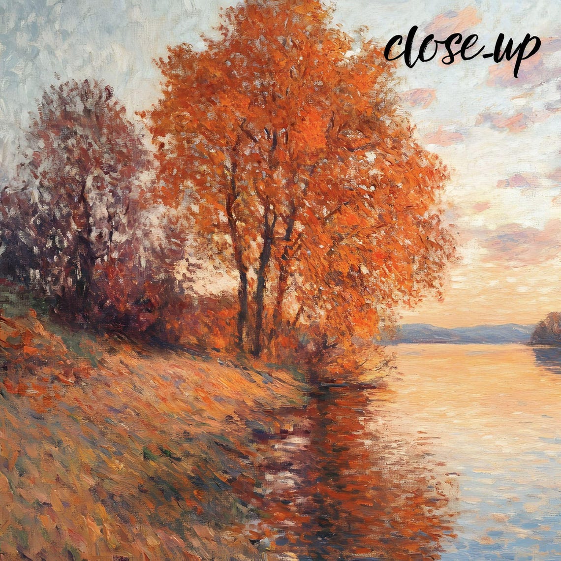 Impressionist Autumn Lake Sunset Shore Orange Trees Landscape Poster - Image 3