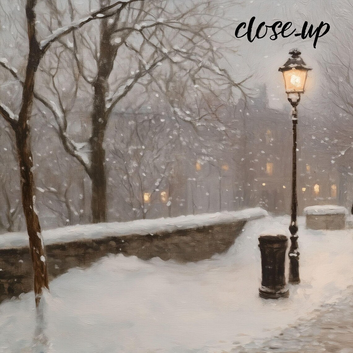 Snowy Evening Street Glowing Lampposts Lone Figure Winter Poster - Image 3