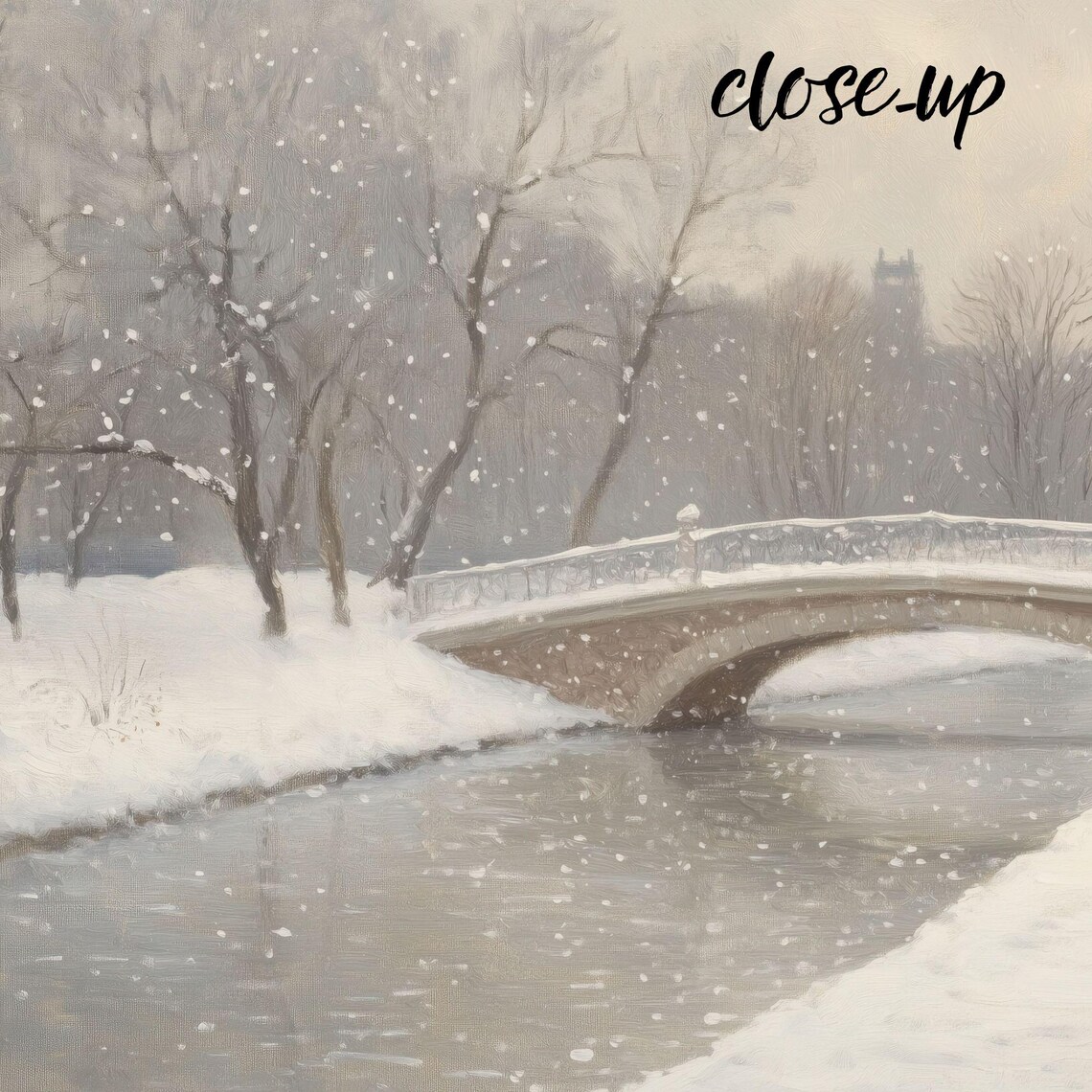 Romantic Couple Snowy Stone Bridge Winter Park Evening Poster - Image 3