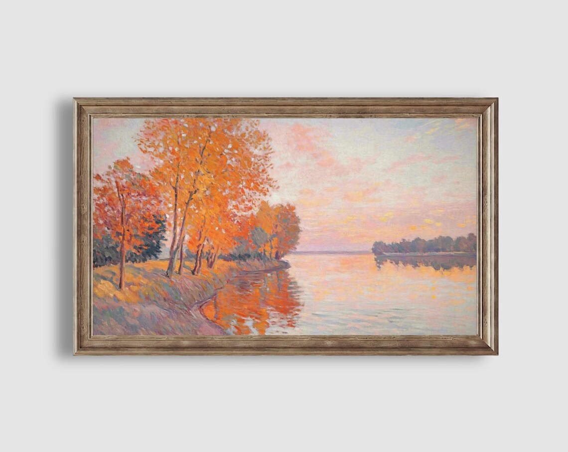 Autumn Lake Sunset Impressionist Orange Trees Pastel Reflection Art Poster - Image 2