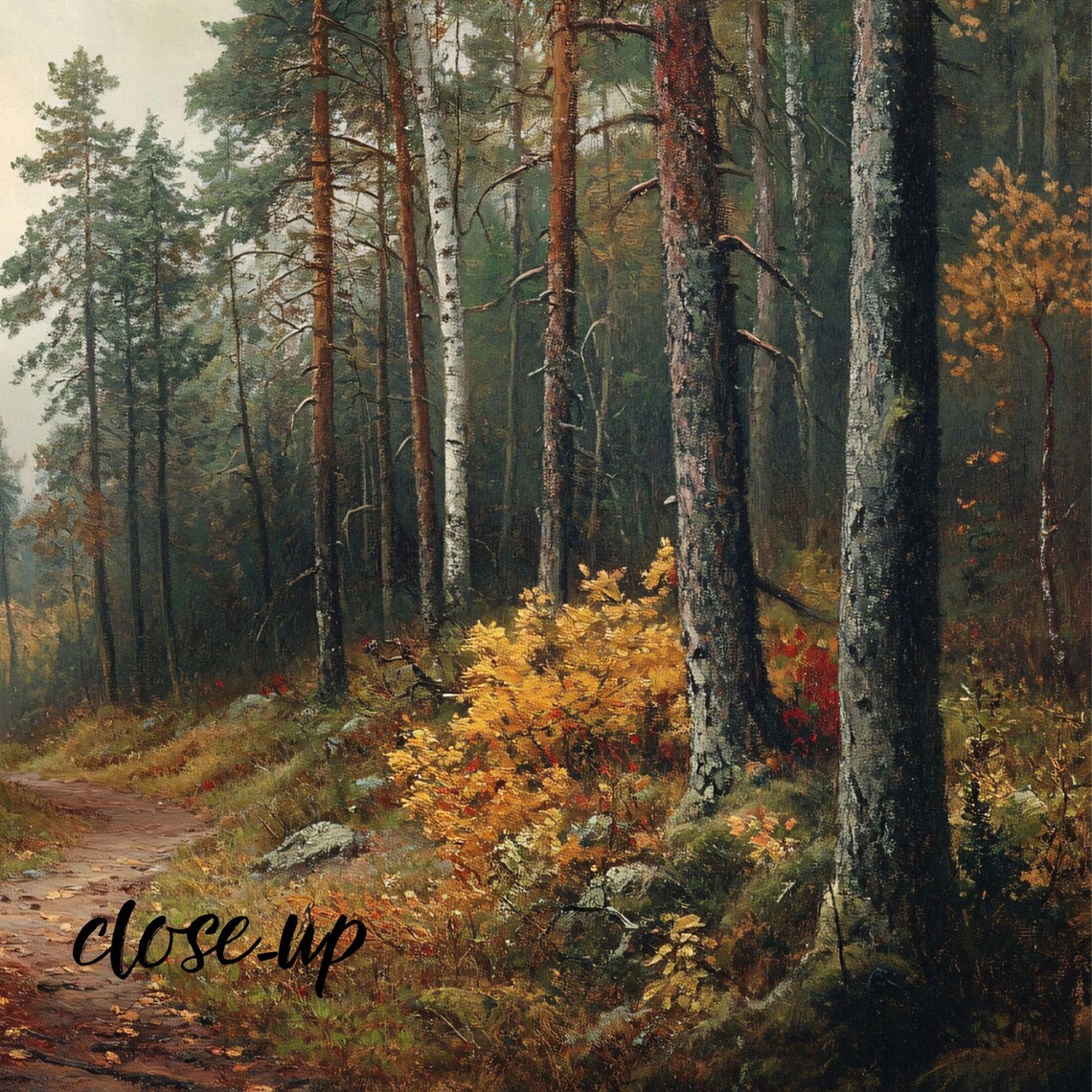 Autumn Forest Trail Pines and Red Maples Misty Woodland Path Art Poster - Image 3
