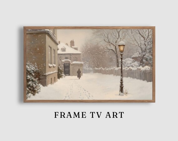 Lone Figure Snowy Street Lamppost Picket Fence Winter Scene Poster