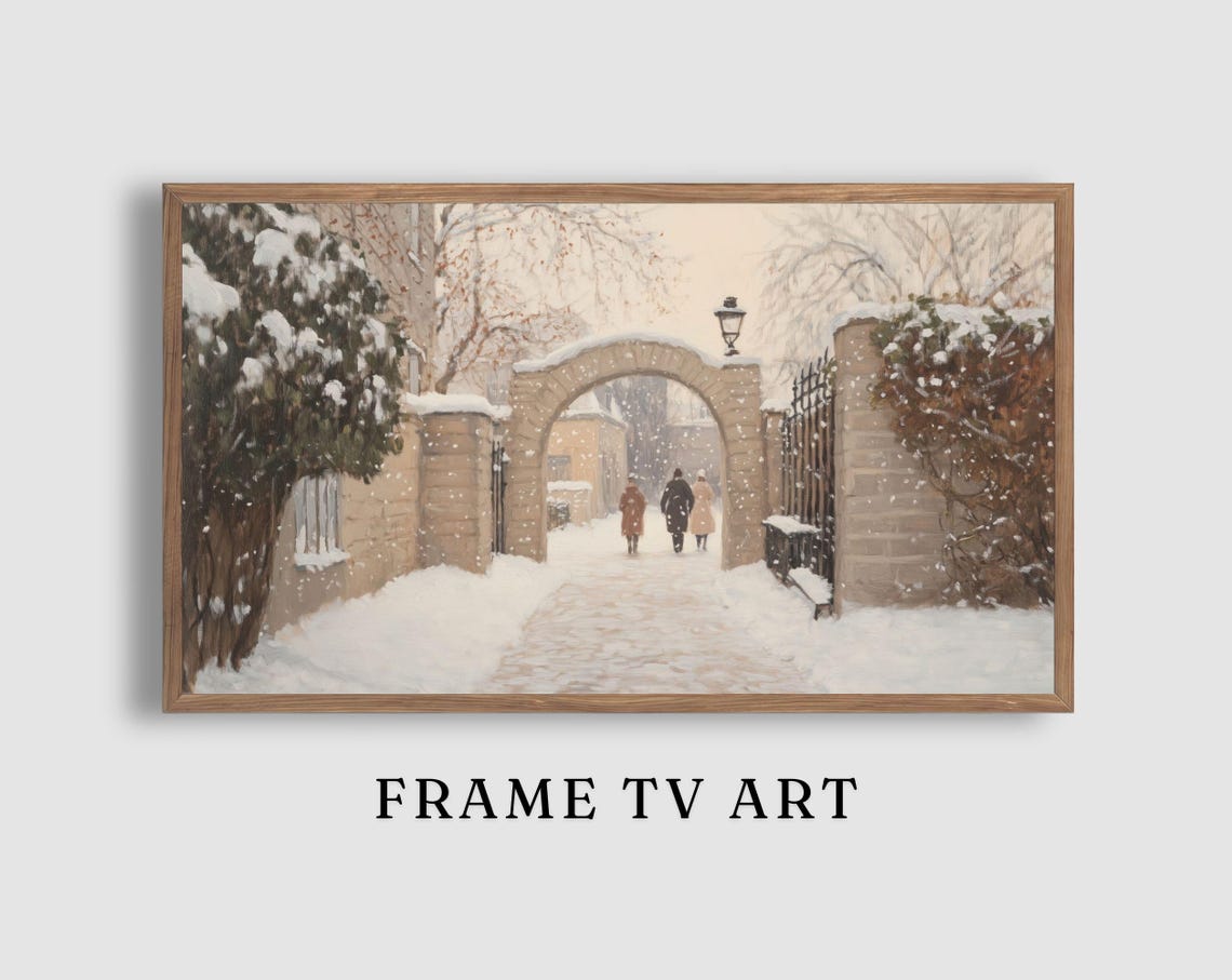 Snowy Garden Archway Gate Figures Winter Walkway Scene Poster