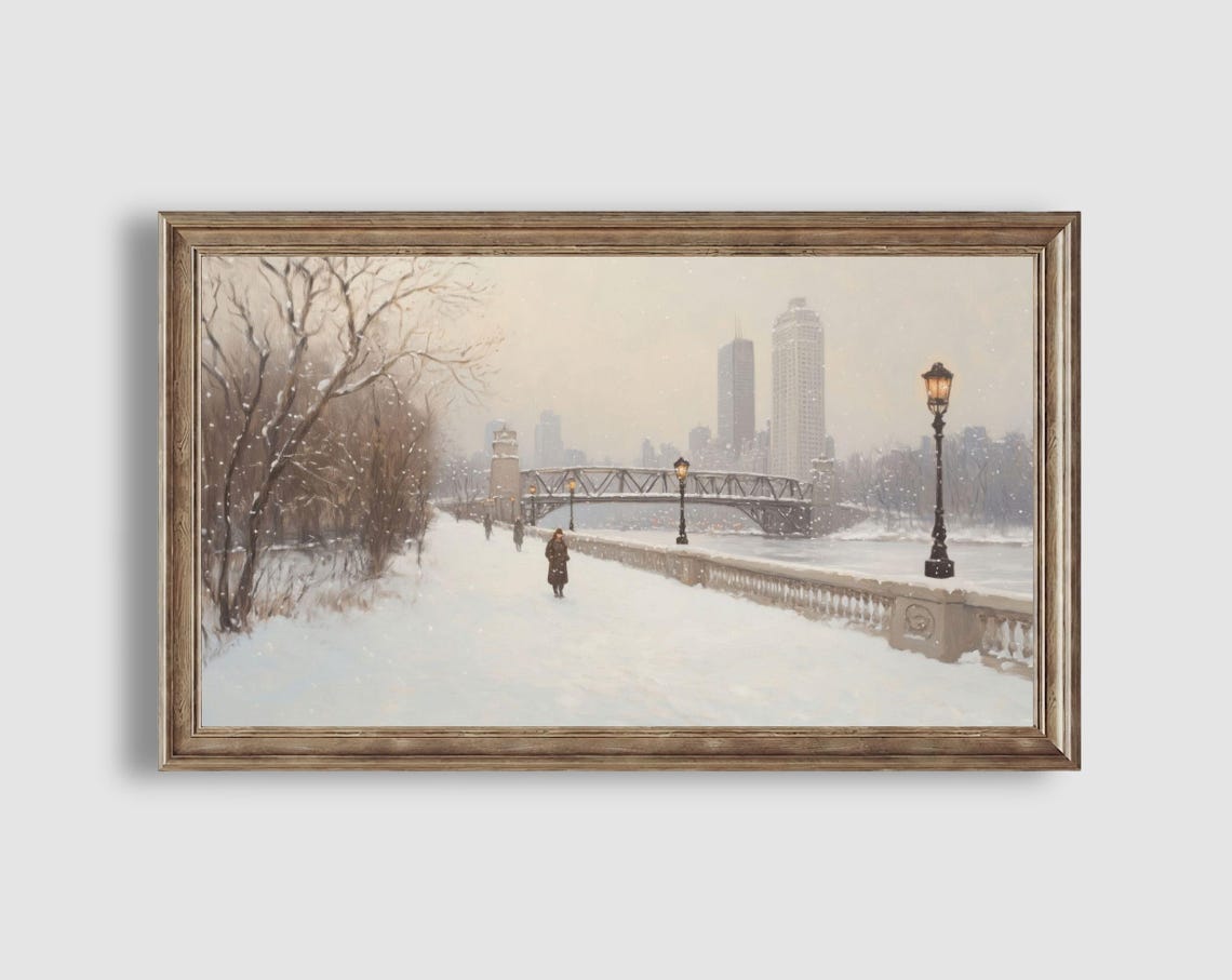 Snowy Bridge Walkway City Skyline Winter Urban Landscape Poster - Image 2