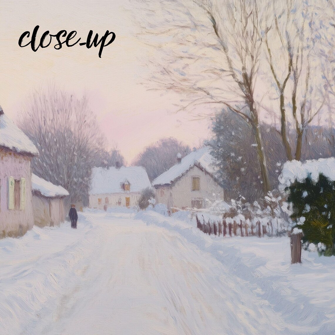 Snowy Village Lane with Pink Stone Cottages at Rosy Winter Dawn Painting Poster - Image 3