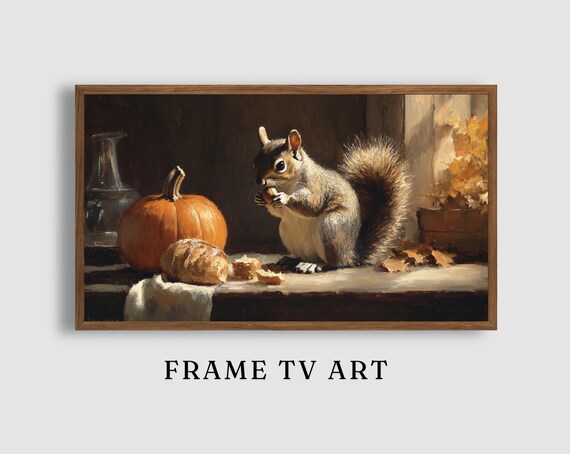 Gray Squirrel Eating Nut with Pumpkin and Bread Rustic Autumn Still Life Art Poster