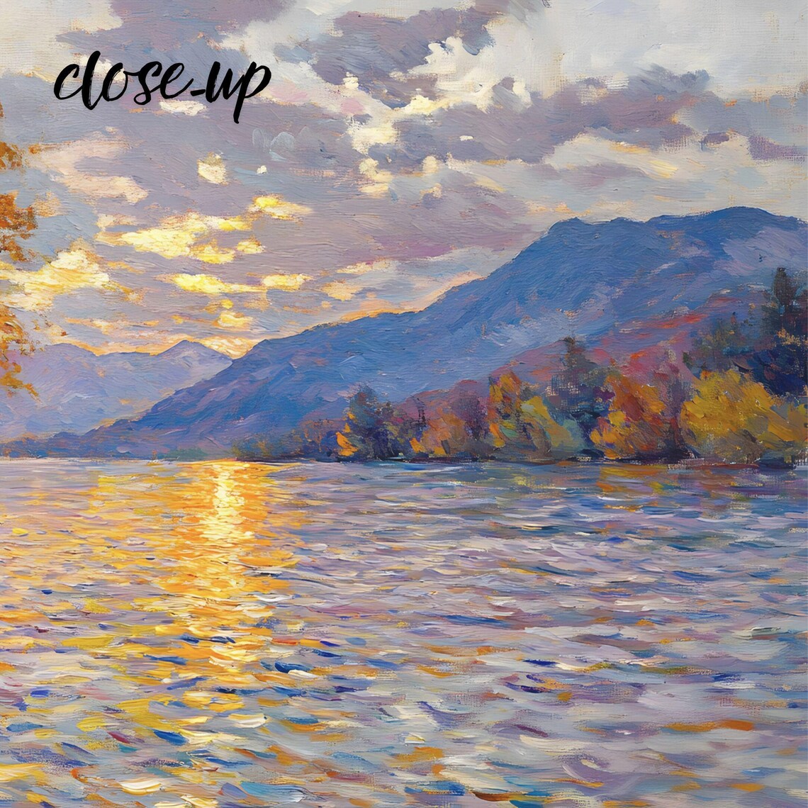 Golden Autumn Lakeside Sunset with Trees Reflecting on Calm Water Painting Poster - Image 3