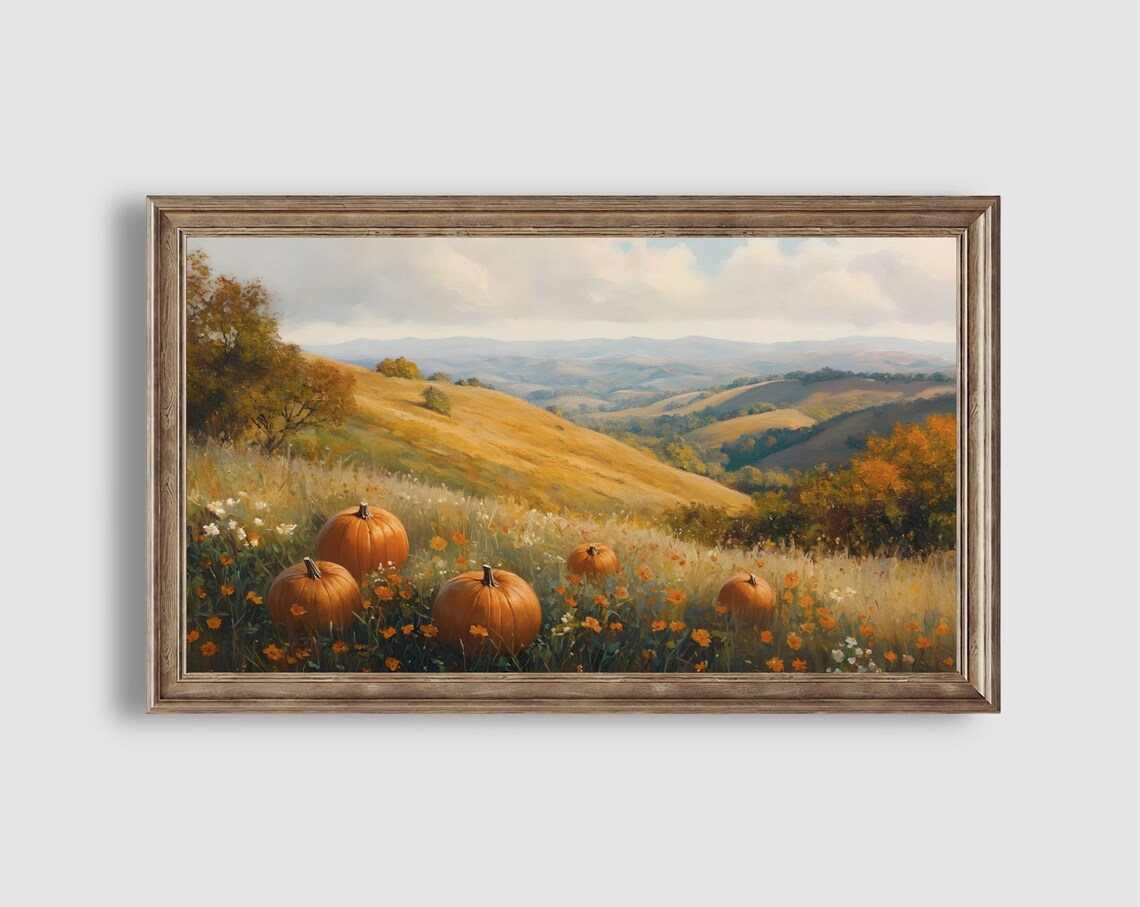 Pumpkins in Golden Flower Field Rolling Hills Harvest Art Poster - Image 2