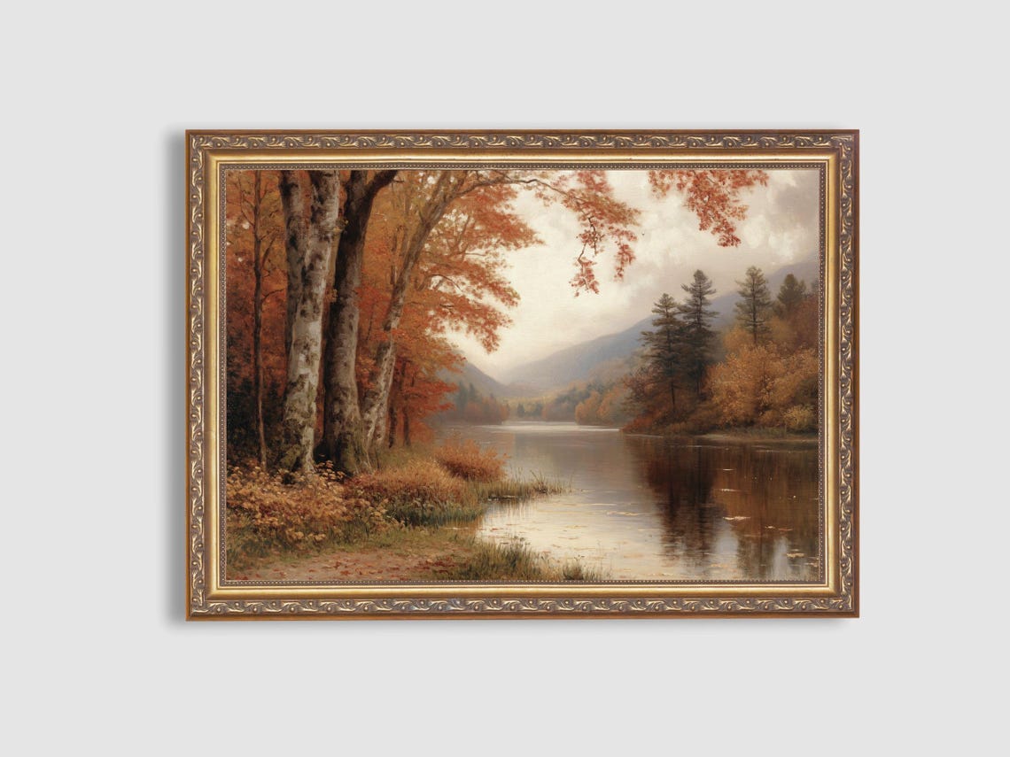 Autumn Riverbank Birch Trees Vintage Hudson River Style Art Poster - Image 2