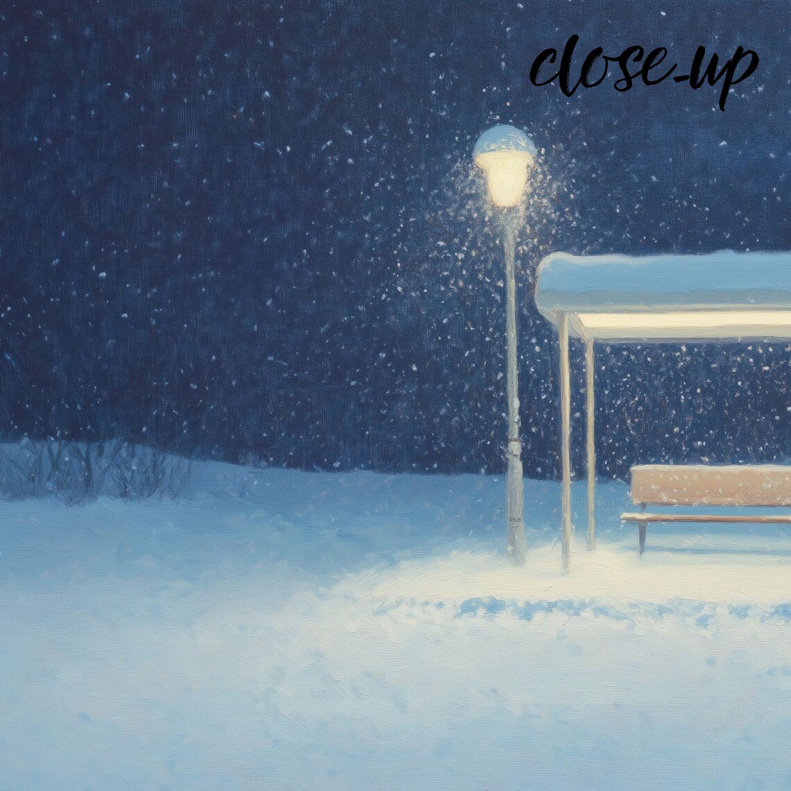 Solitary Figure Waiting at a Snowy Night Bus Stop in Warm Lamplight Poster - Image 3