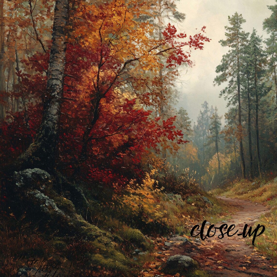 Autumn Forest Trail Pines and Red Maples Misty Woodland Path Art Poster - Image 4