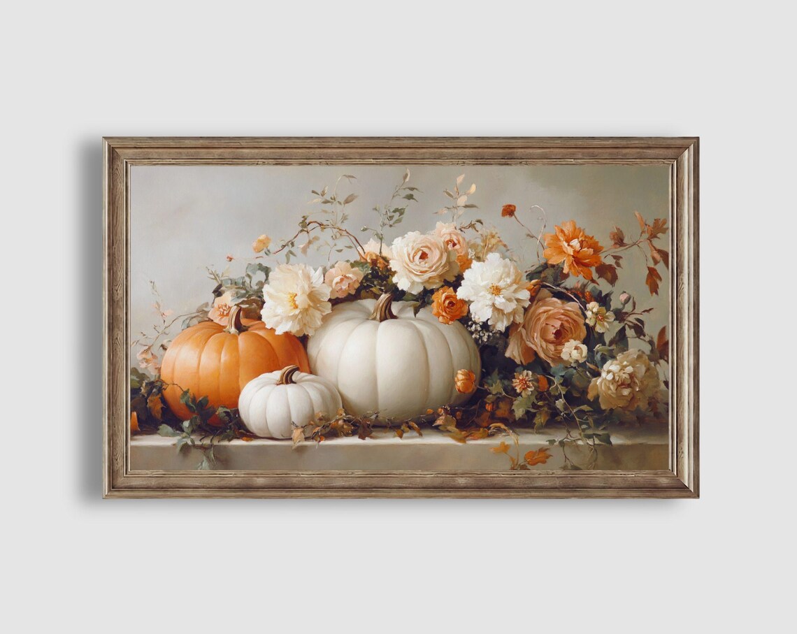 Pumpkins with Garden Roses Elegant Floral Still Life Autumn Poster - Image 2