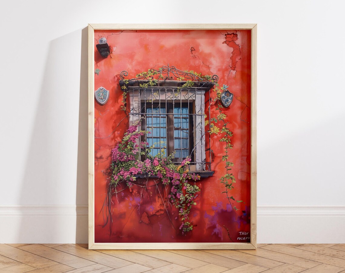 Crimson Wall With Wrought Iron Window and Bougainvillea Art Poster