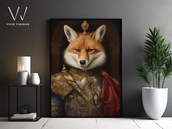 Crowned Fox King Golden Armor Red Cape Royal Regal Portrait Poster