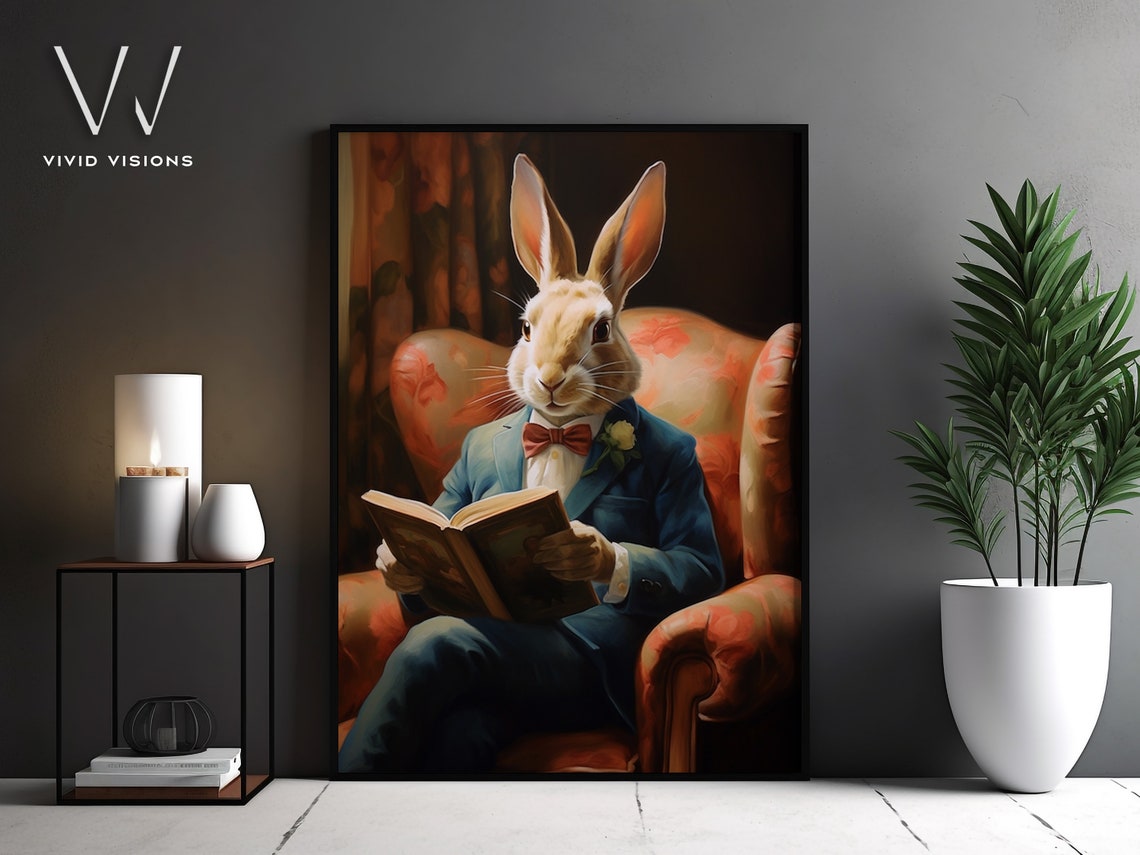 Gentleman Rabbit Reading a Book in an Armchair Vintage Poster