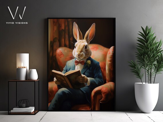 Gentleman Rabbit Reading a Book in an Armchair Vintage Poster