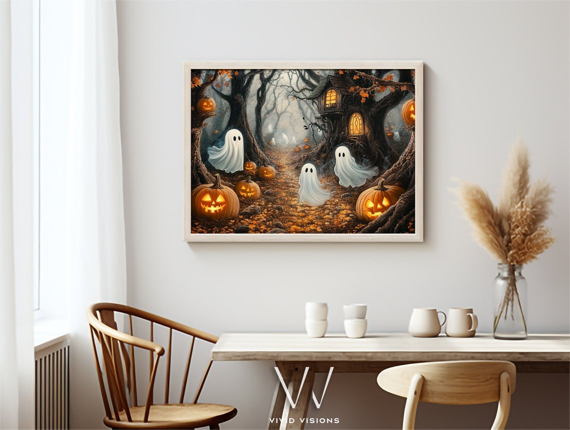 Haunted Forest Ghosts And Glowing Pumpkins Halloween Night Poster Art - Image 3