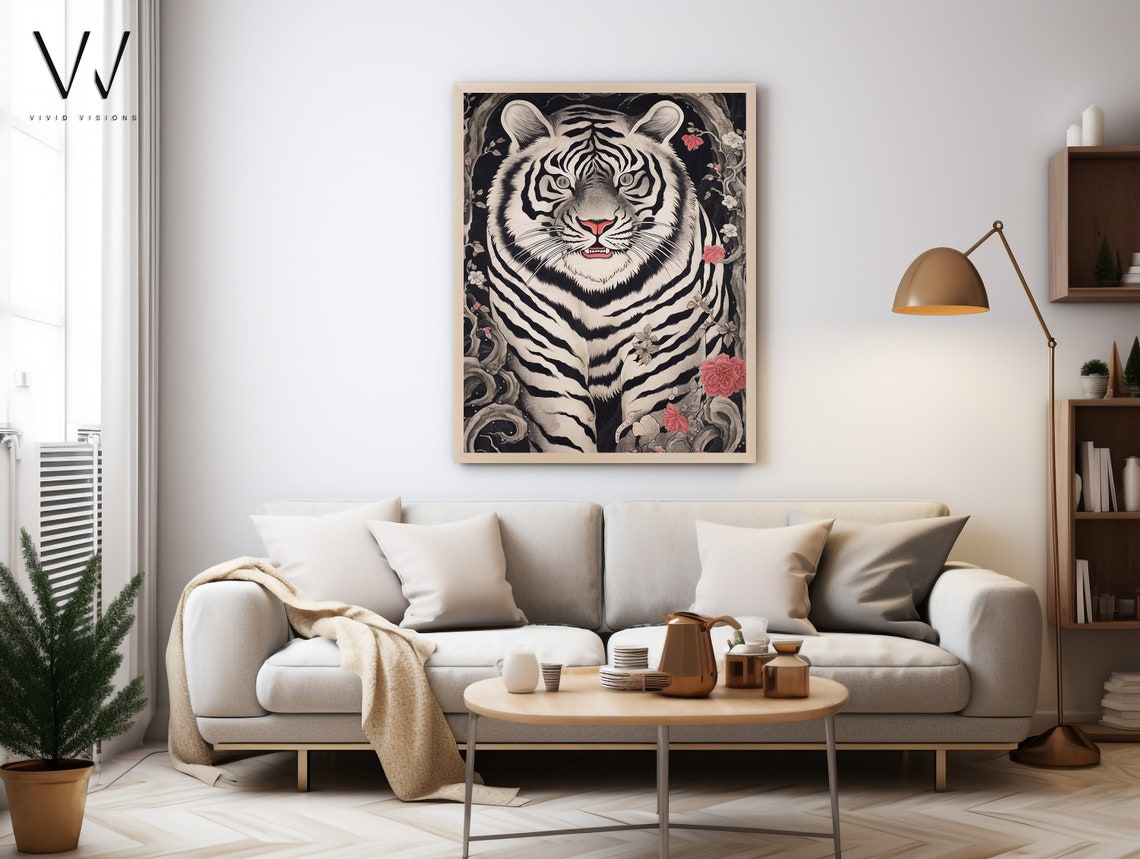 White Tiger Japanese Style Red Peony Floral Wildlife Art Poster - Image 4