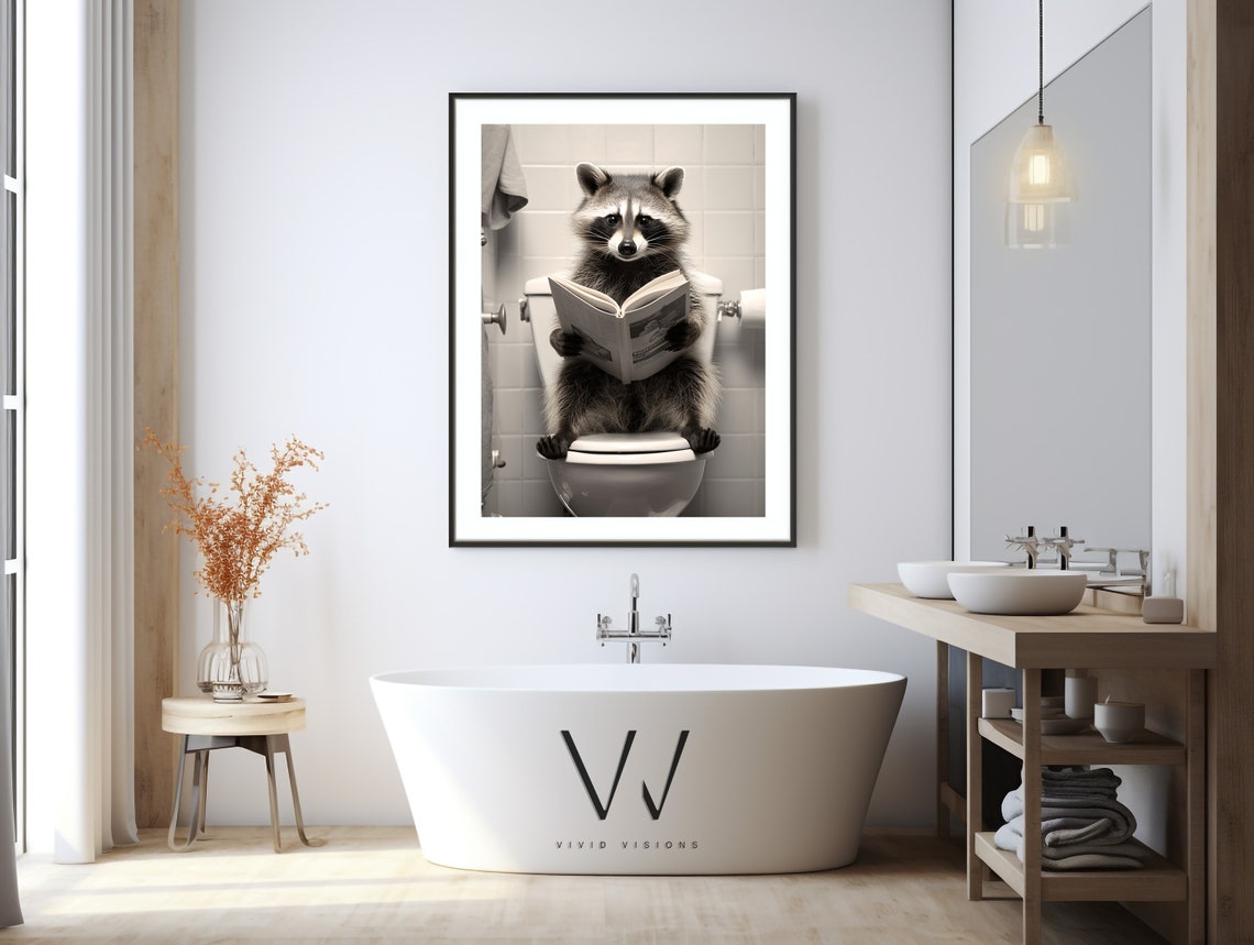 Funny Raccoon Reading a Newspaper on the Toilet Bathroom Poster - Image 3