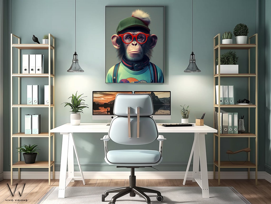 Chimp in Green Cap Red Glasses Suspenders Cute Nerdy Animal Poster - Image 3