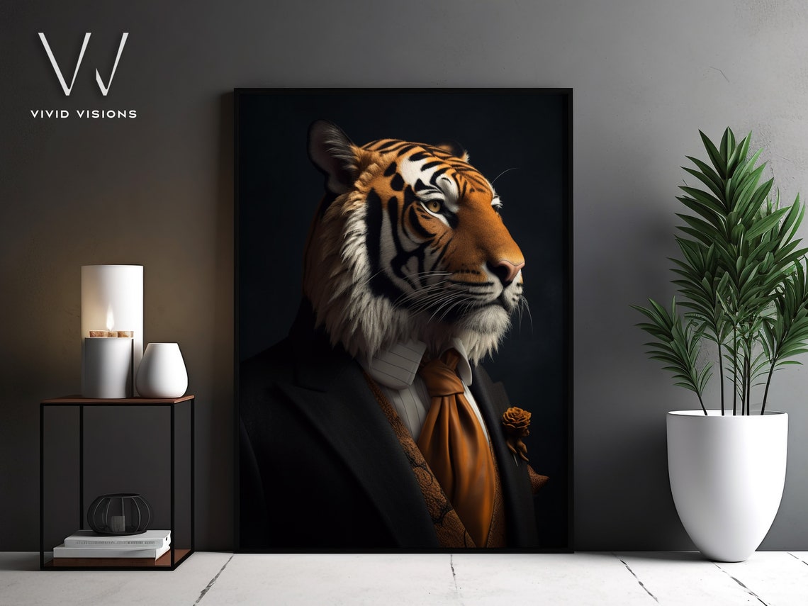 Tiger in Dark Suit Gold Tie Gentleman Portrait Moody Style Poster