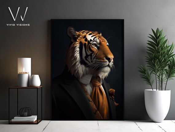 Tiger in Dark Suit Gold Tie Gentleman Portrait Moody Style Poster