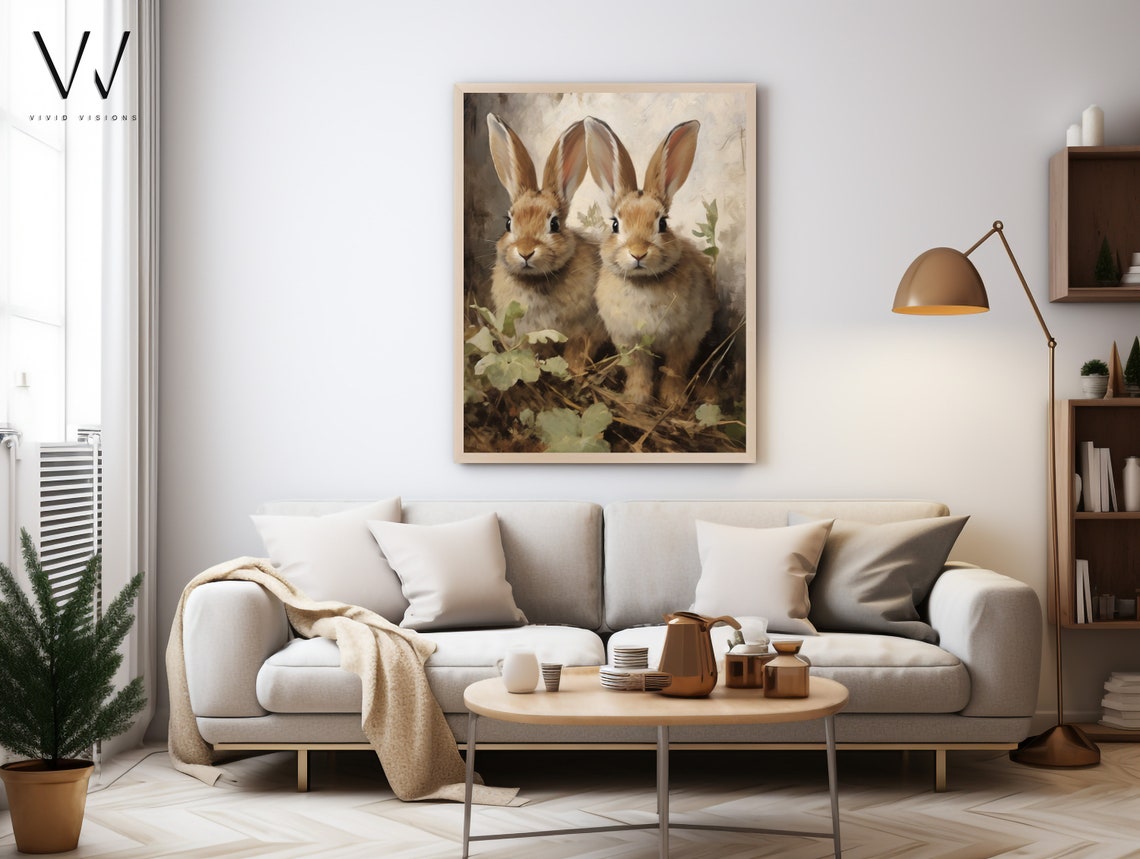 Two Bunnies in Clover Vintage Rabbit Pair Painting Easter Poster - Image 4