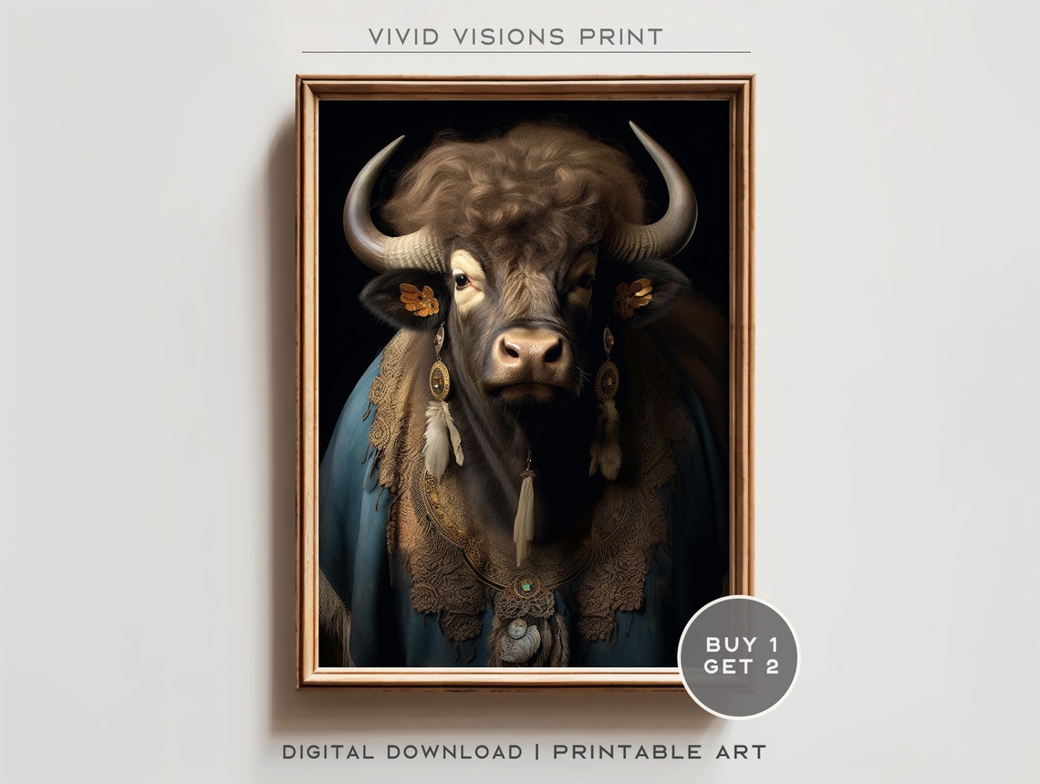 Water Buffalo in a Lace Cape with Feather Earrings Royal Poster