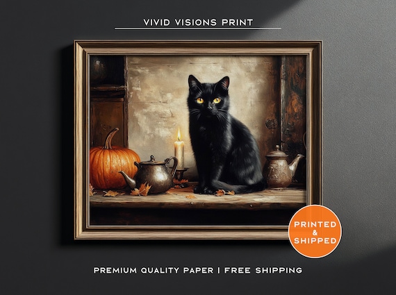 Vintage Black Cat with Pumpkin Candle and Teapot Halloween Kitchen Poster