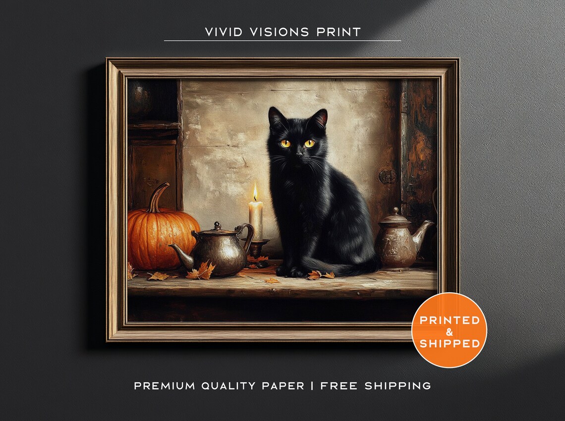 Vintage Black Cat with Pumpkin Candle and Teapot Halloween Kitchen Poster