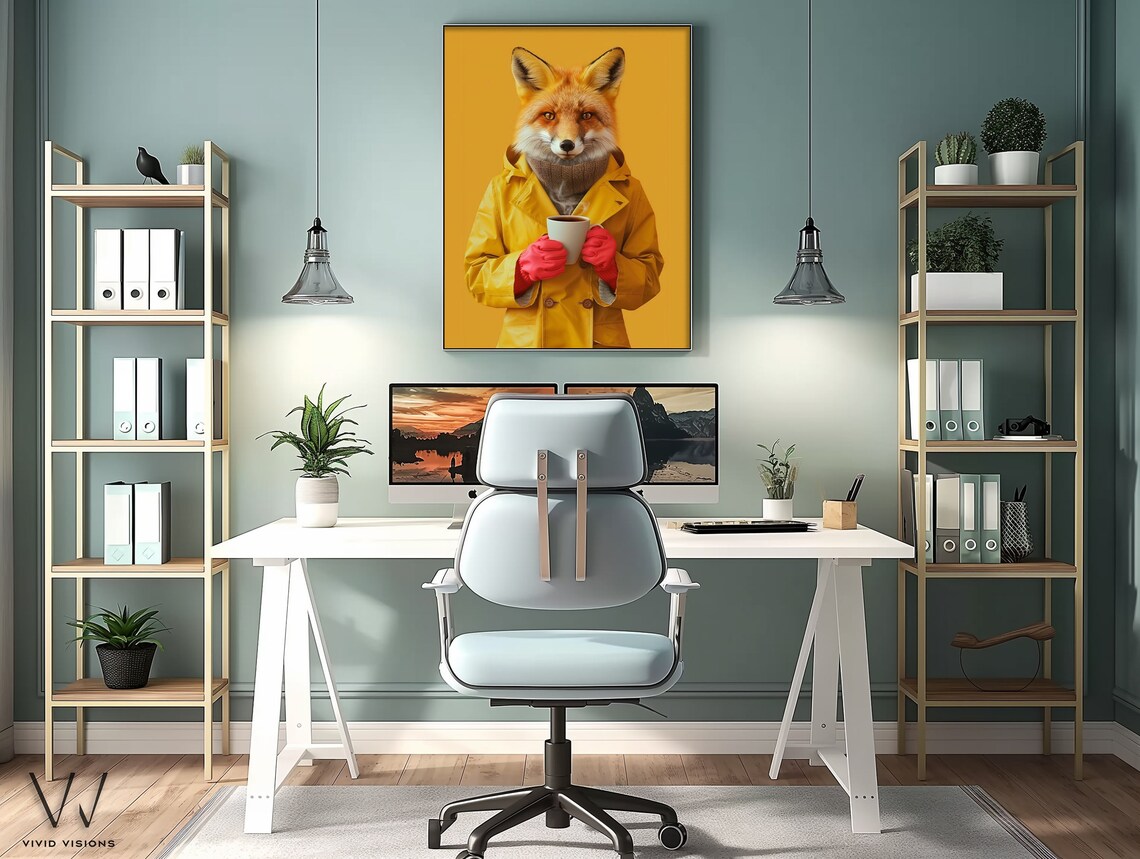 Modern Fox Portrait in Yellow Raincoat, Vintage Poster - Image 3
