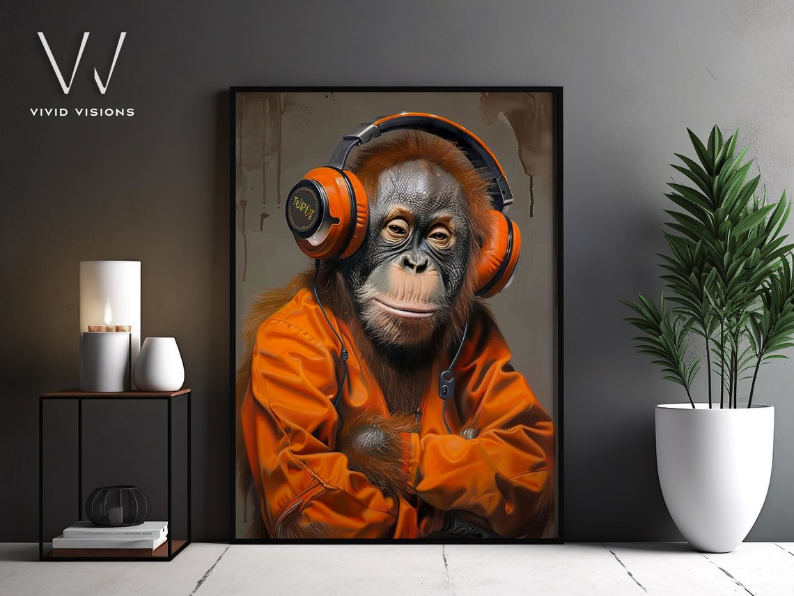 Orangutan with Orange Headphones Modern Music Animal Portrait Poster