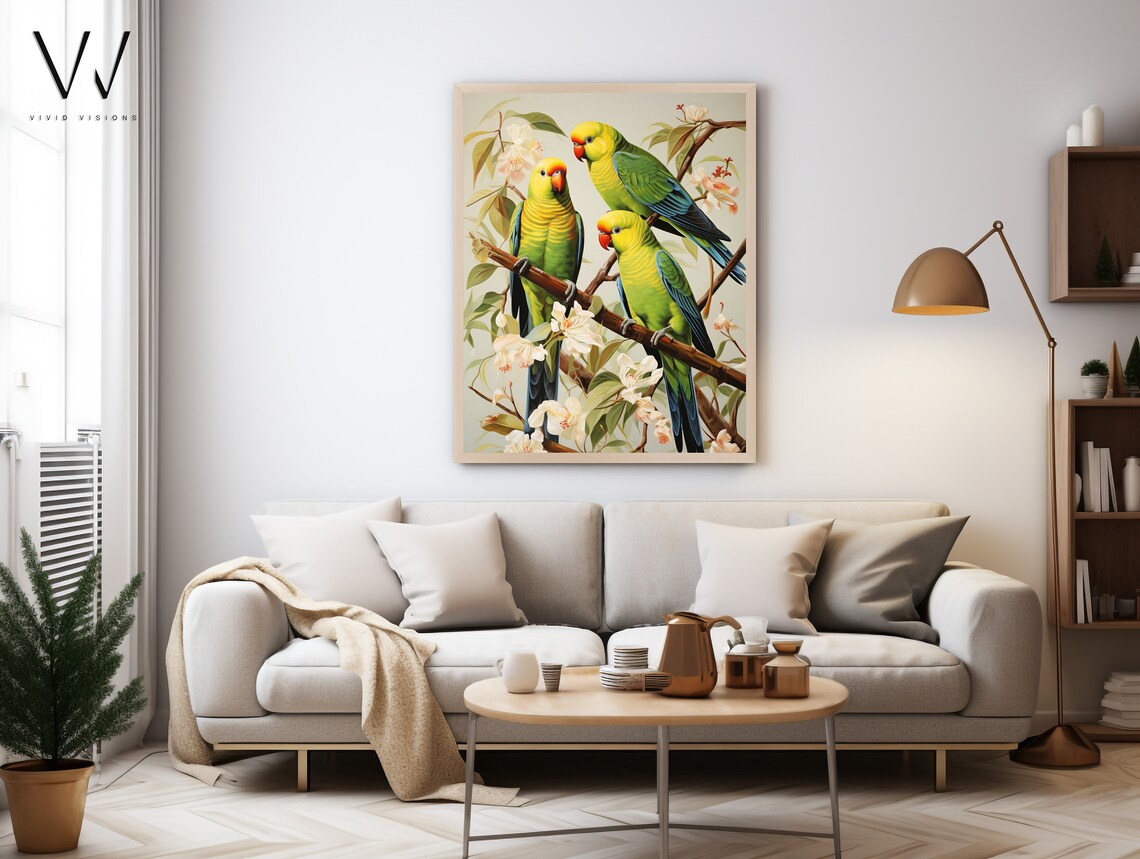 Three Carolina Parakeets on a Blossoming Branch Vintage Poster - Image 4