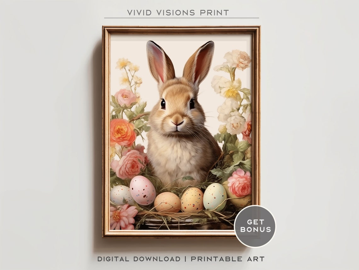 Easter Bunny with Speckled Eggs among Blush Roses Vintage Print