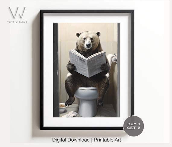 Brown Bear Reading the Newspaper on the Toilet Funny Wall Poster