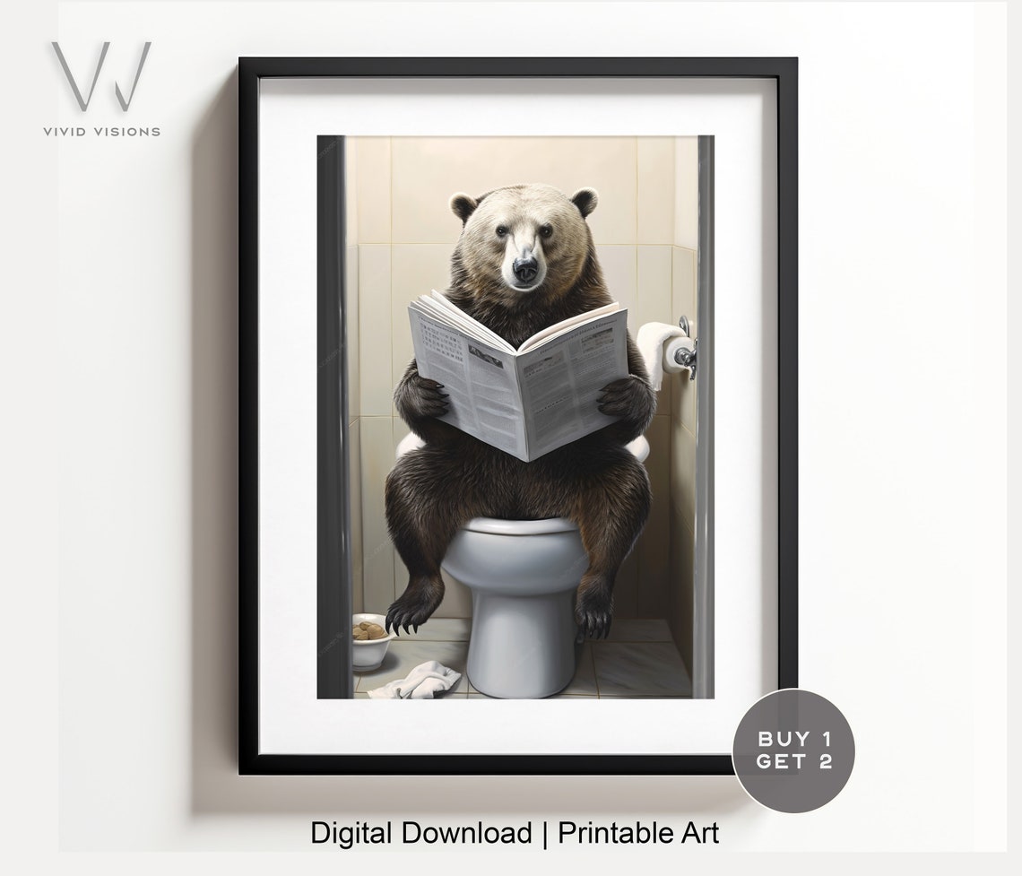 Brown Bear Reading the Newspaper on the Toilet Funny Wall Poster
