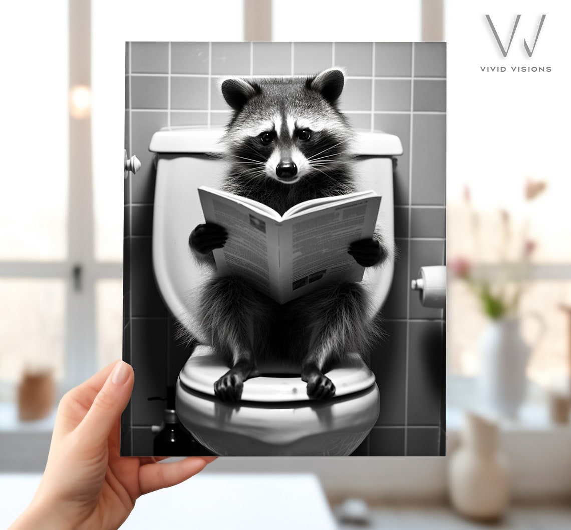 Raccoon Reading Newspaper on the Toilet Funny Bathroom Poster - Image 4