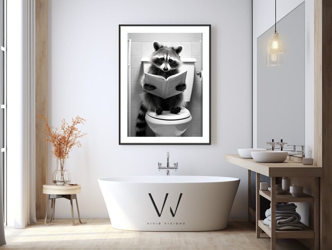 Raccoon Reading a Book on the Toilet Black and White Funny Poster - Image 3