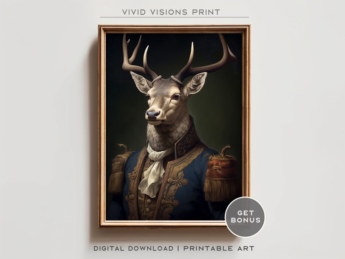 Victorian Stag Deer Portrait White Cravat Brocade Coat Poster