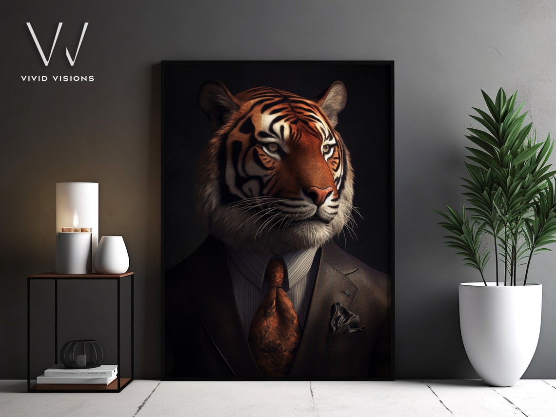 Tiger in Brown Suit Patterned Tie Business Portrait Elegant Poster