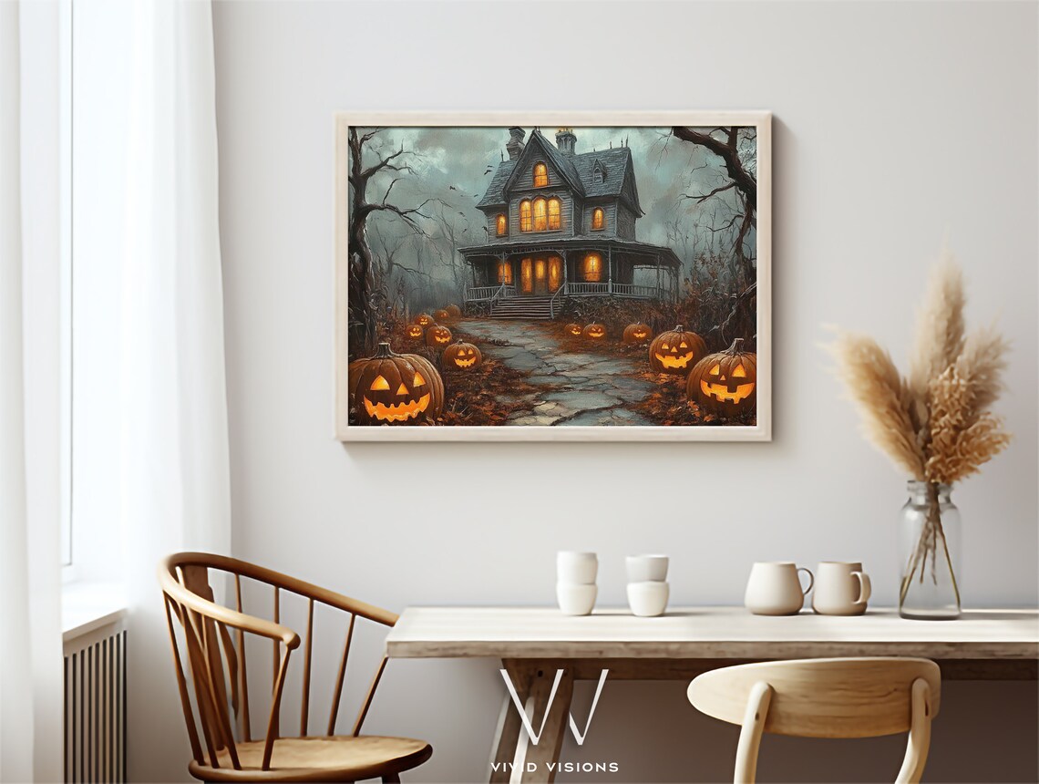 Misty Haunted House with Glowing Windows and Pumpkins Halloween Poster - Image 3