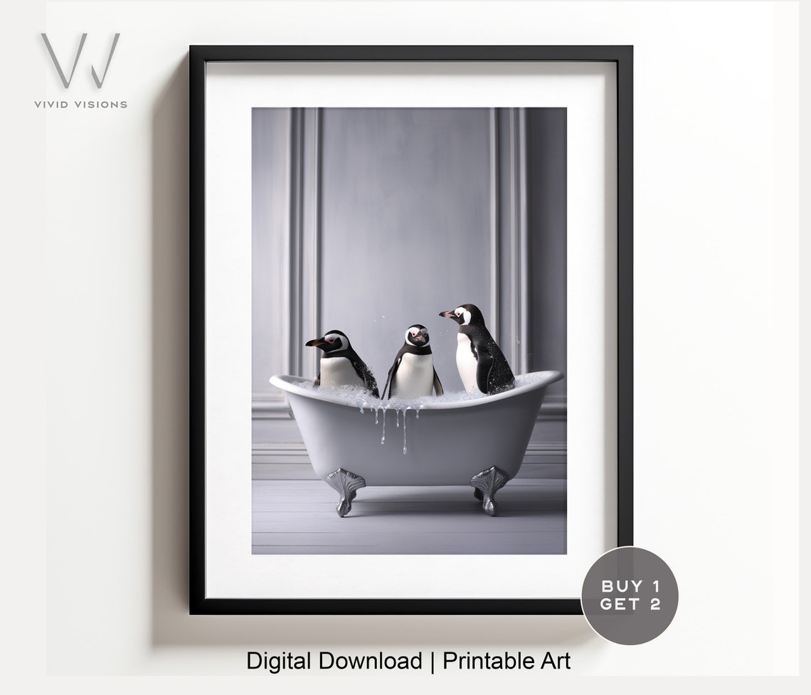 Three Penguins in a Vintage Clawfoot Bathtub Funny Wall Poster